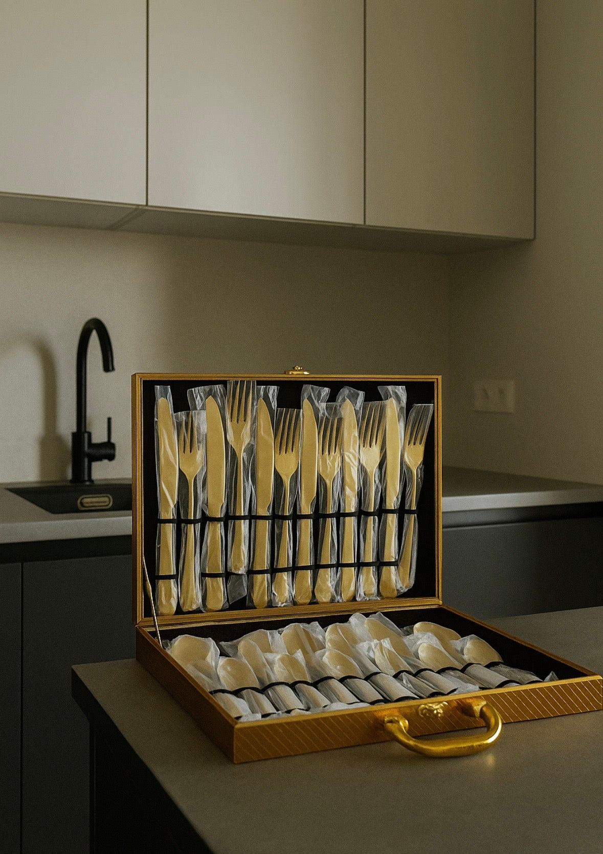 Stalo įrankių rinkinys + medinė dėžė