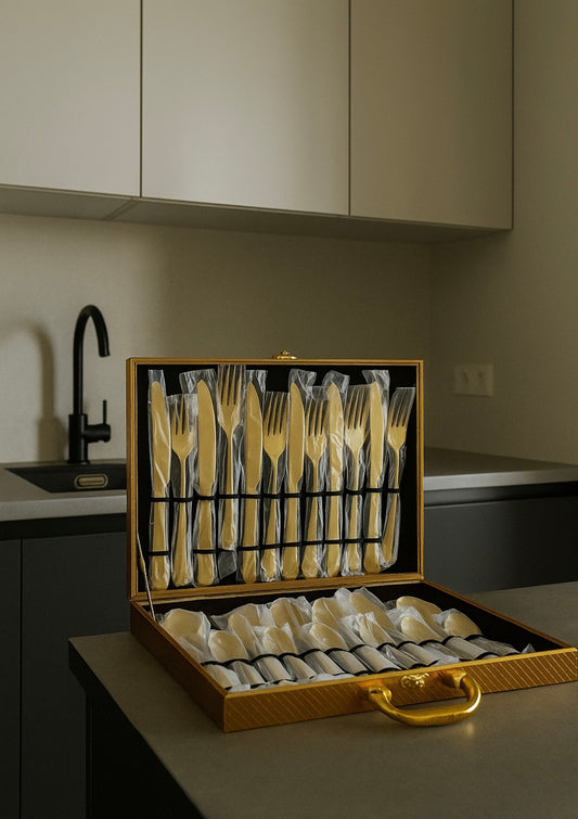 Stalo įrankių rinkinys + medinė dėžė